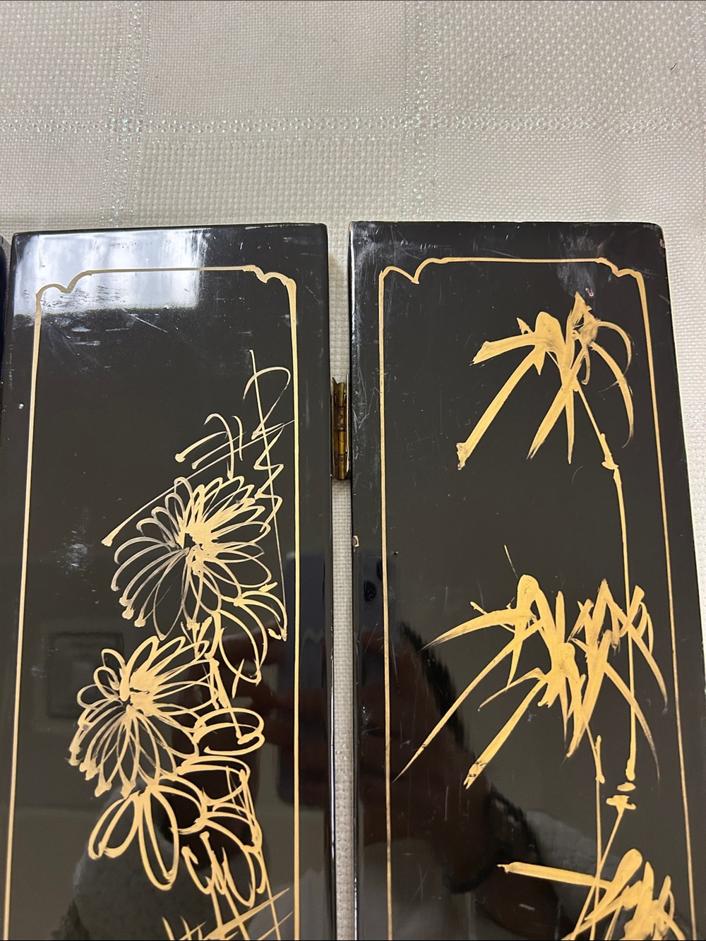 Miniature Chinese black lacquer four panel table top folding screen image 10